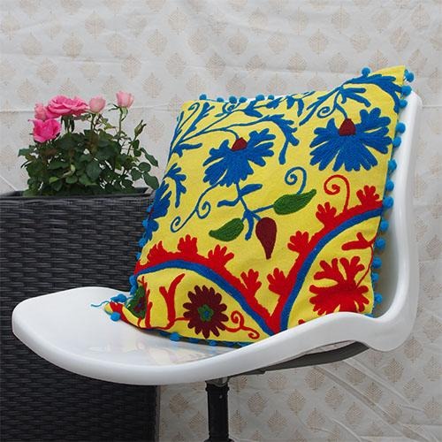 Decorative Suzani Floral Print & Woolen Embroidered Cotton Cushion Cover With Pom Pom Design 7 - Kantha Decor