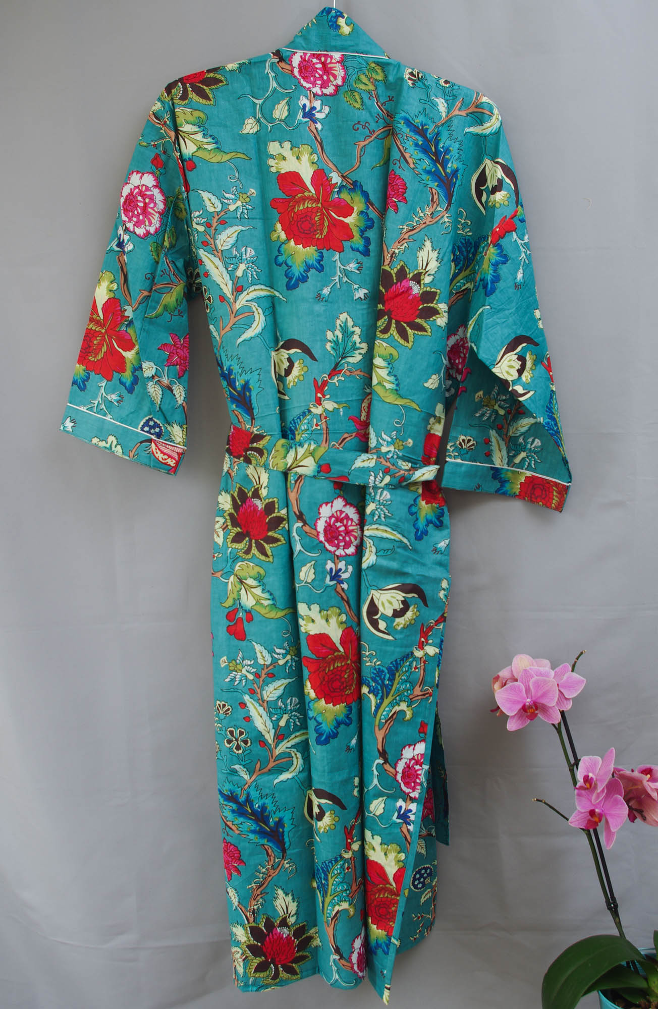 Kimono Dressing Gown / Cotton Floral retailer / Turquoise