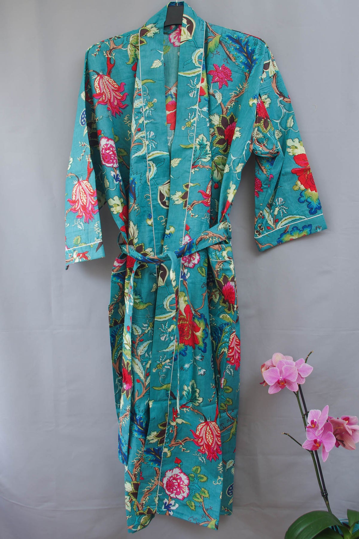 Smaragdgrüner Kimono-Morgenmantel aus botanischer Baumwolle
