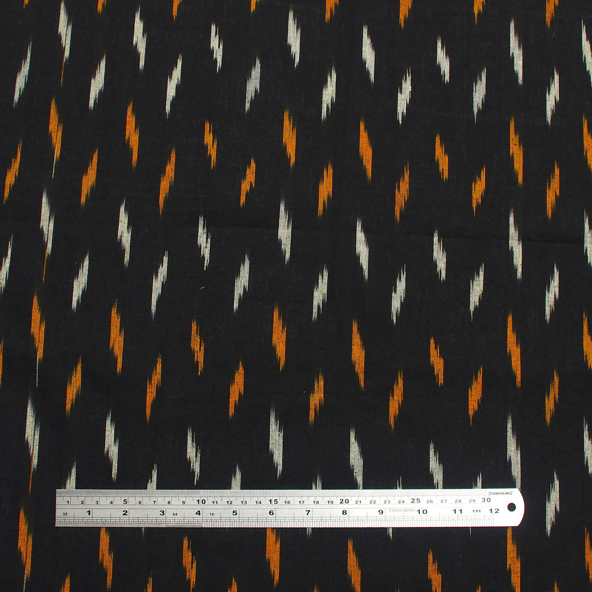 Ikat Hand Woven Cotton Fabric Design - Black With Yellow White Weaves