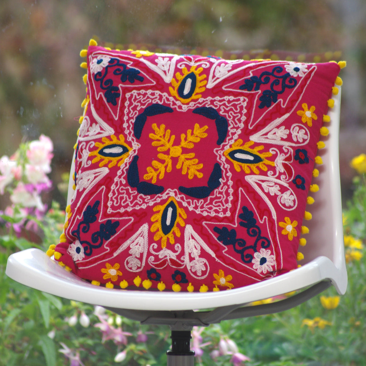 Suzani Floral Print & Woolen Embroidered Cotton Cushion Cover Pink With Pom Pom