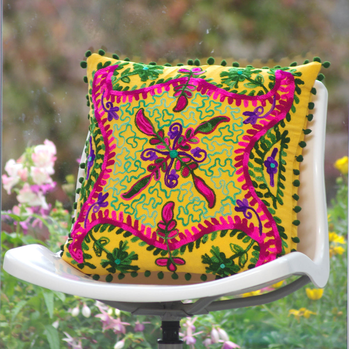 Suzani Woolen Embroidered Cotton Cushion Cover - Yellow