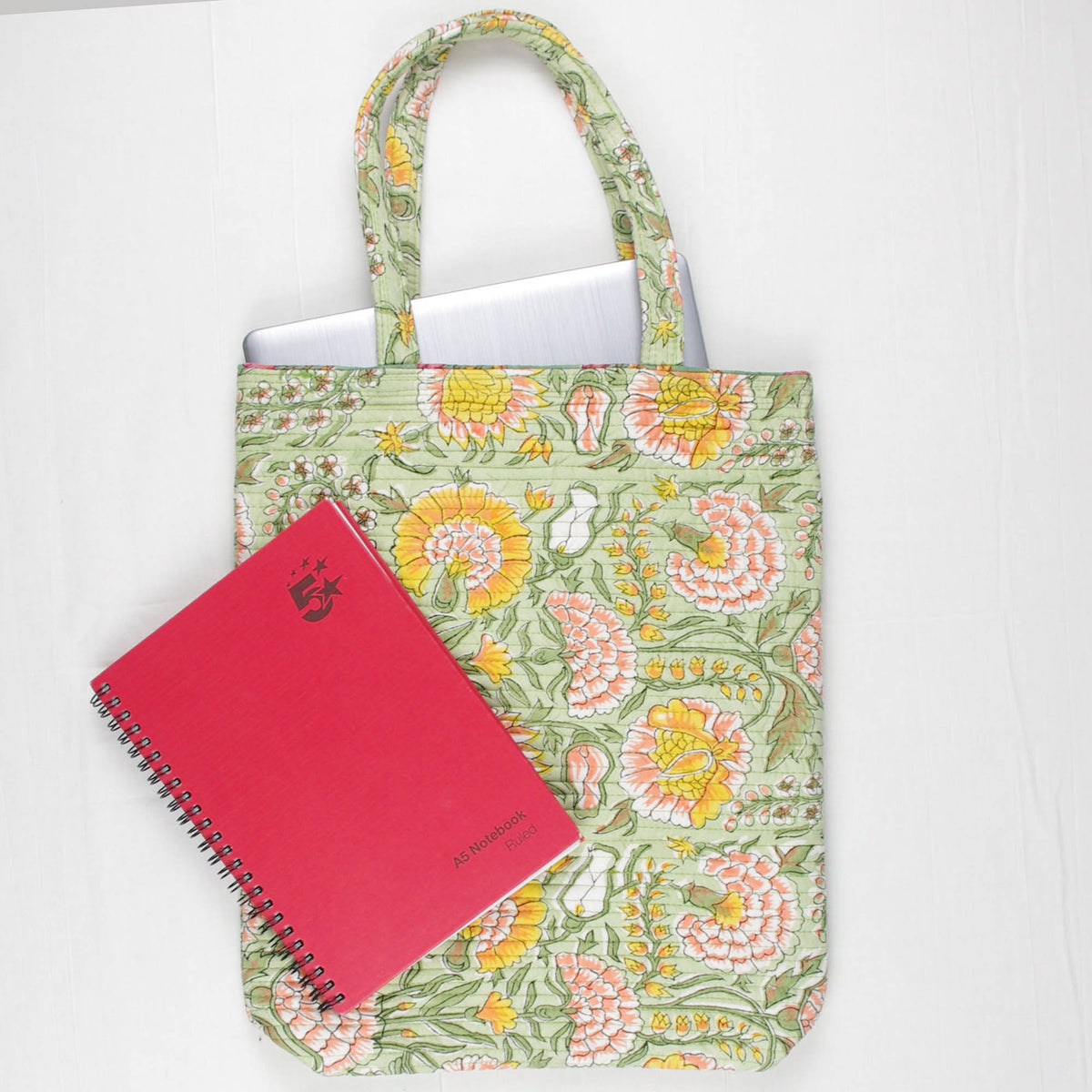 Cotton Quilted Hand Block Print Tote Bag - Marigold Floral On Pista Green