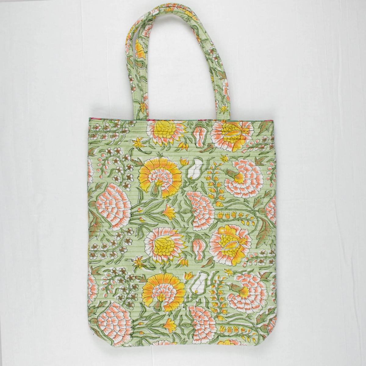 Cotton Quilted Hand Block Print Tote Bag - Marigold Floral On Pista Green