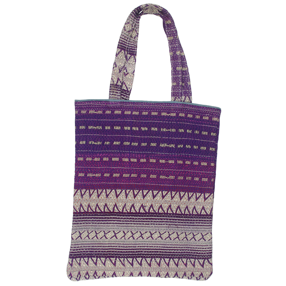 Vintage Fine Kantha Stitched Cotton Tote Bag- Purple Striped