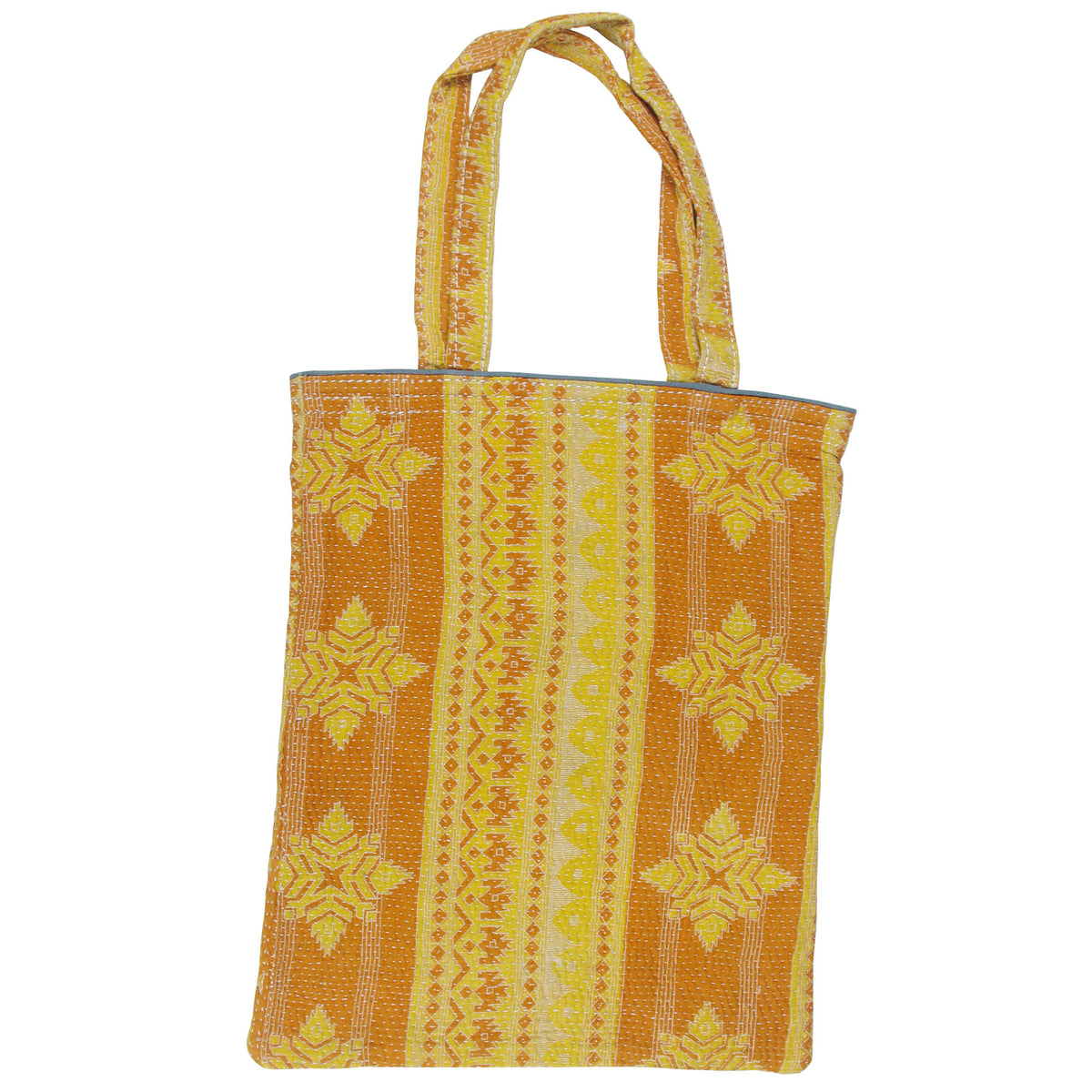 Vintage Fine Kantha Stitched Cotton Tote Bag- Brown Yellow