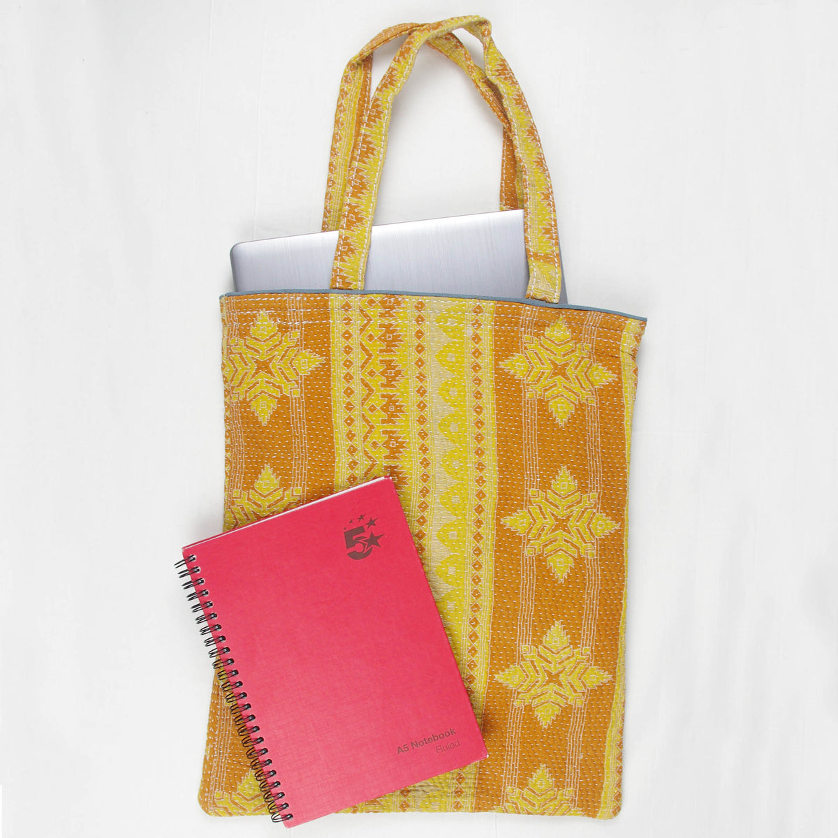 Vintage Fine Kantha Stitched Cotton Tote Bag- Brown Yellow