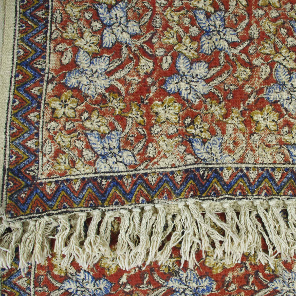 Handloom Mud Cloth Block Printed Cotton Sofa Throw With Tassels - Floral Print