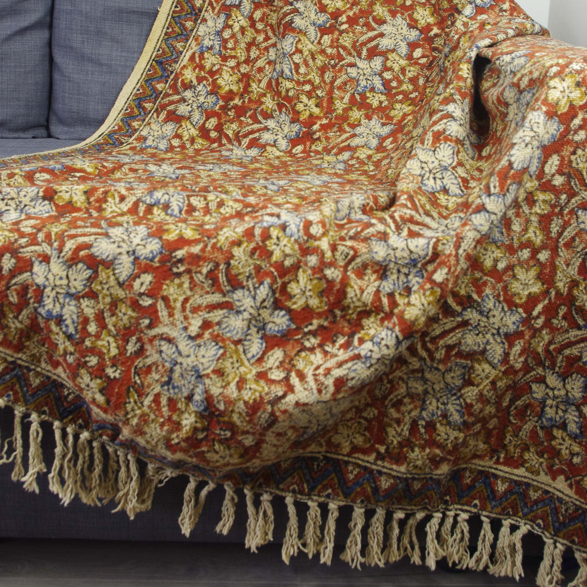 Handgewebter Schlamm-Stoffblock bedruckter Baumwoll-Sofaüberwurf mit Quasten – Blumendruck