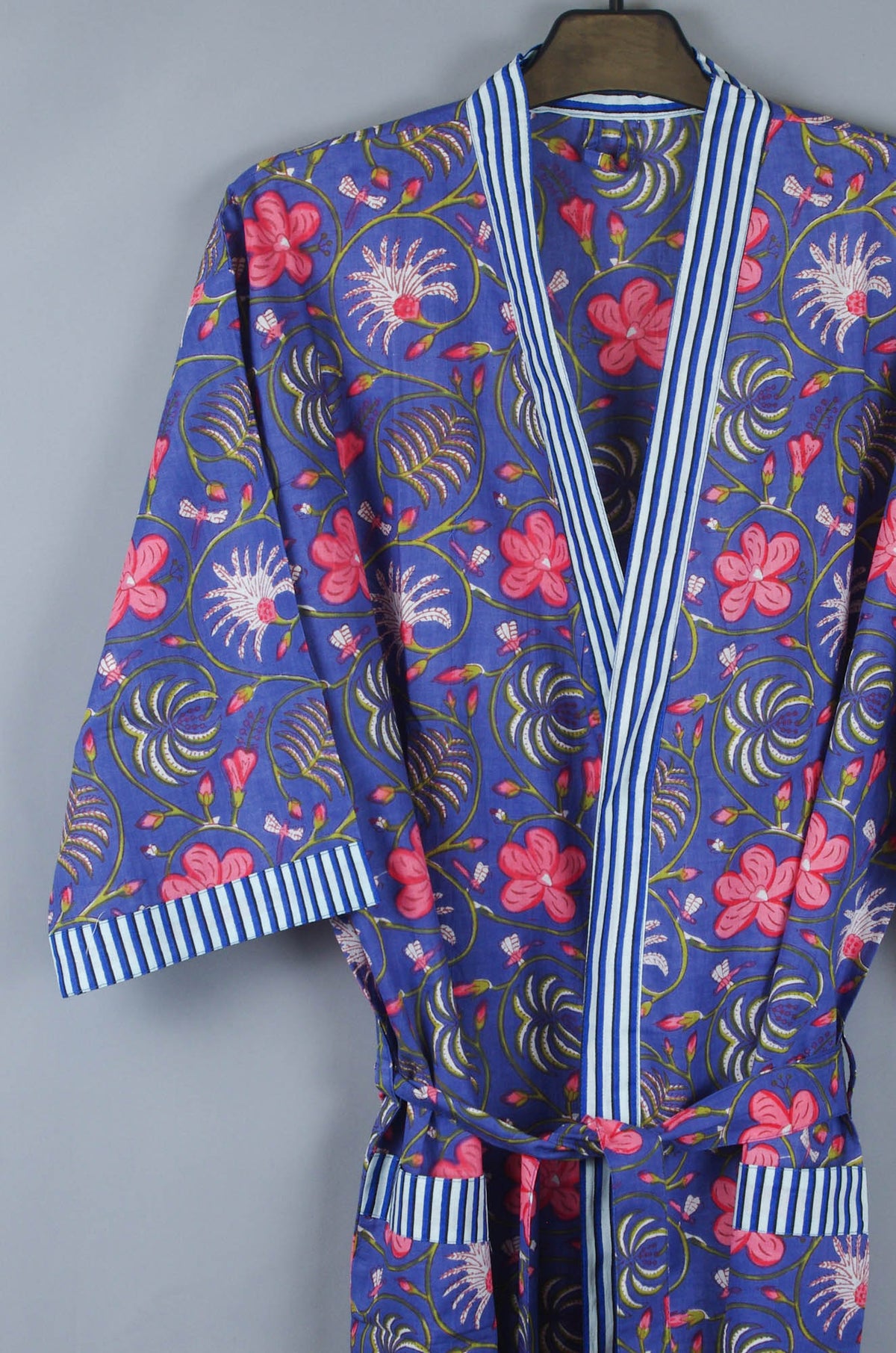Modern Floral On Navy Blue Base Long Cotton Kimono Dressing Gown