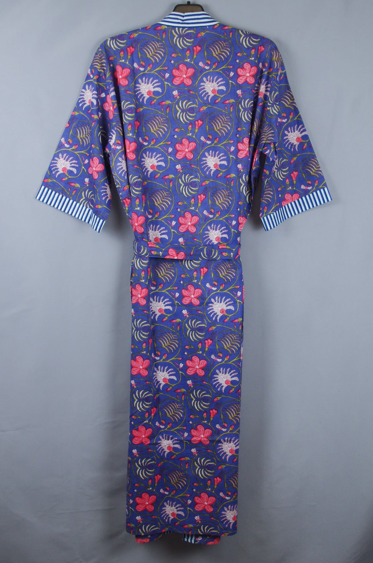 Modern Floral On Navy Blue Base Long Cotton Kimono Dressing Gown ...