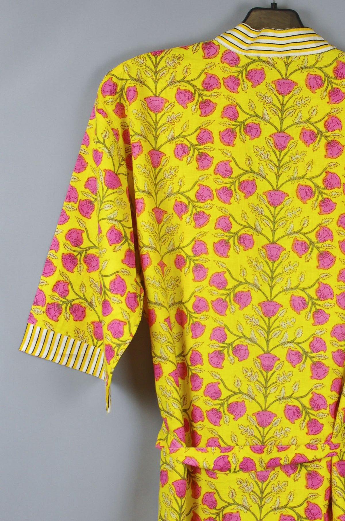 Pink Bells On Yellow Base Long Cotton Kimono Dressing Gown