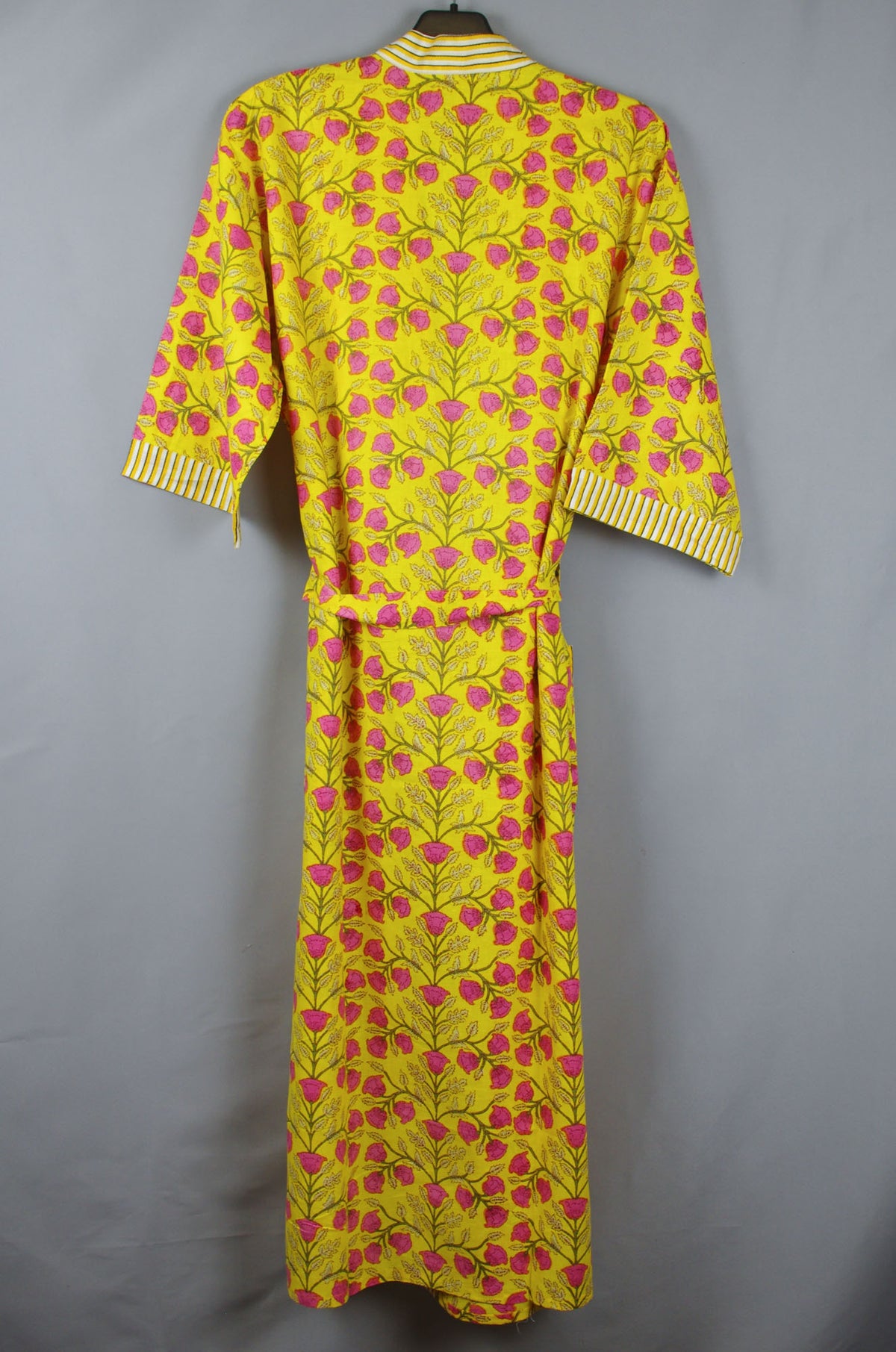 Pink Bells On Yellow Base Long Cotton Kimono Dressing Gown – Kantha Decor