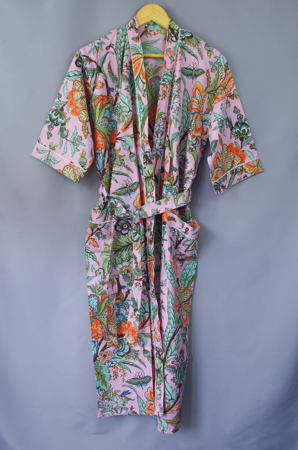 Tropical Forest On Light Pink Base Cotton Kimono Dressing Gown