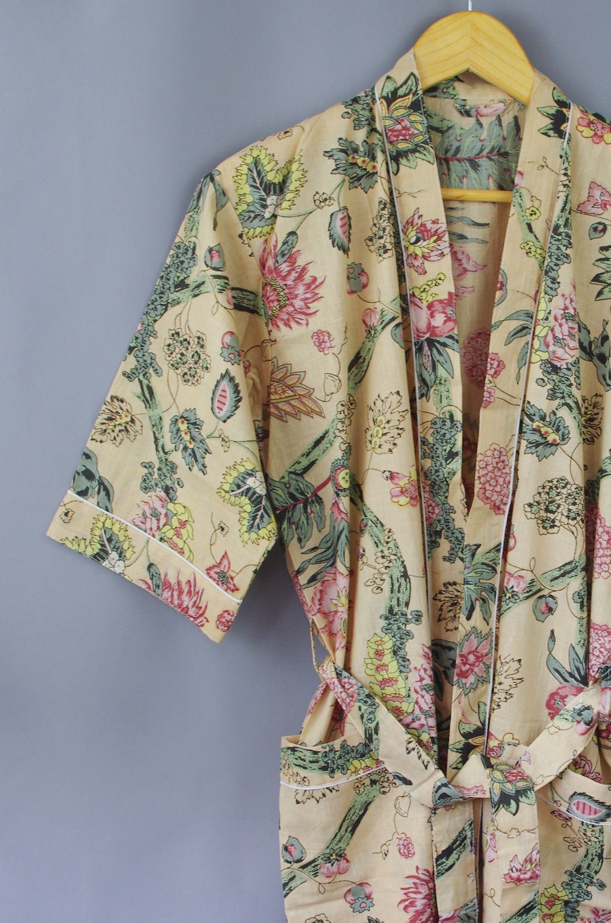 Tropical Forest On Beige Base Cotton Kimono Dressing Gown