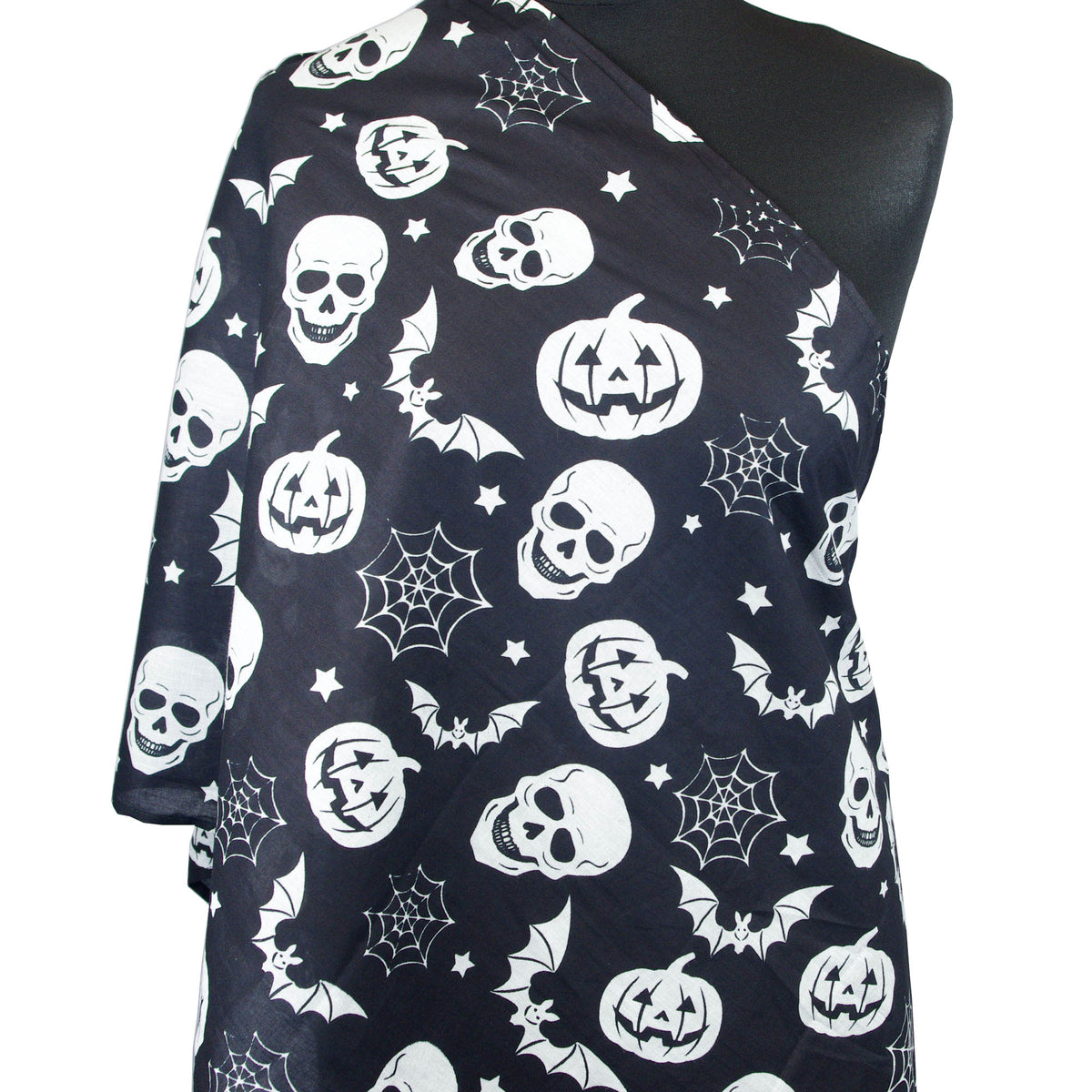 Halloween Spooky Pumpkin &amp; Skull Print Damen Leichter Schal - Schwarz &amp; Weiß