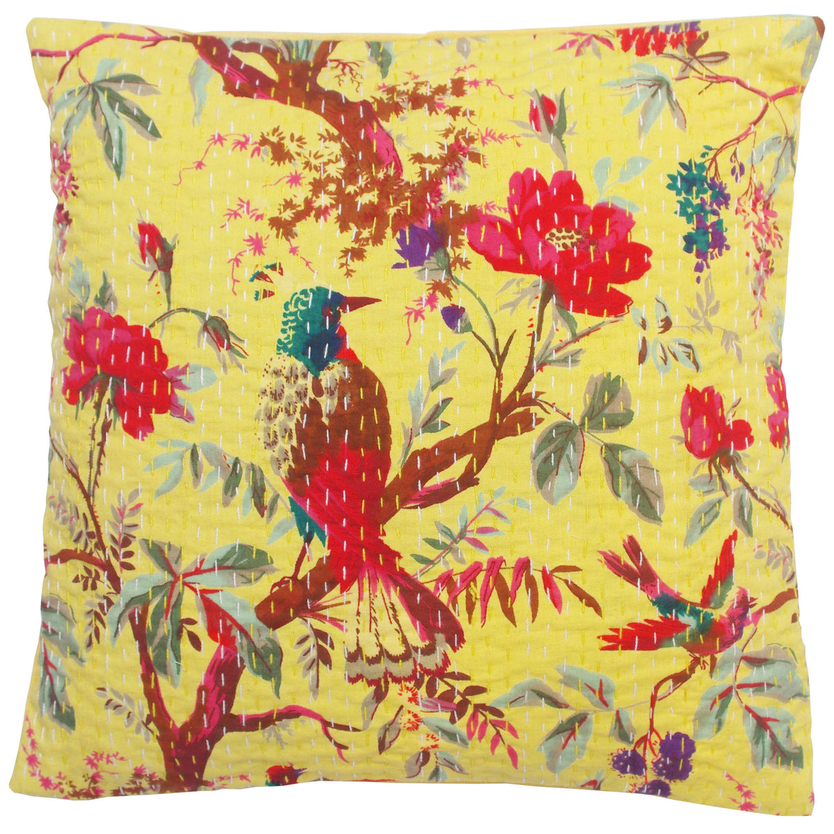 Tropical Lemon Yellow Bird Print Kantha Cushion Cover