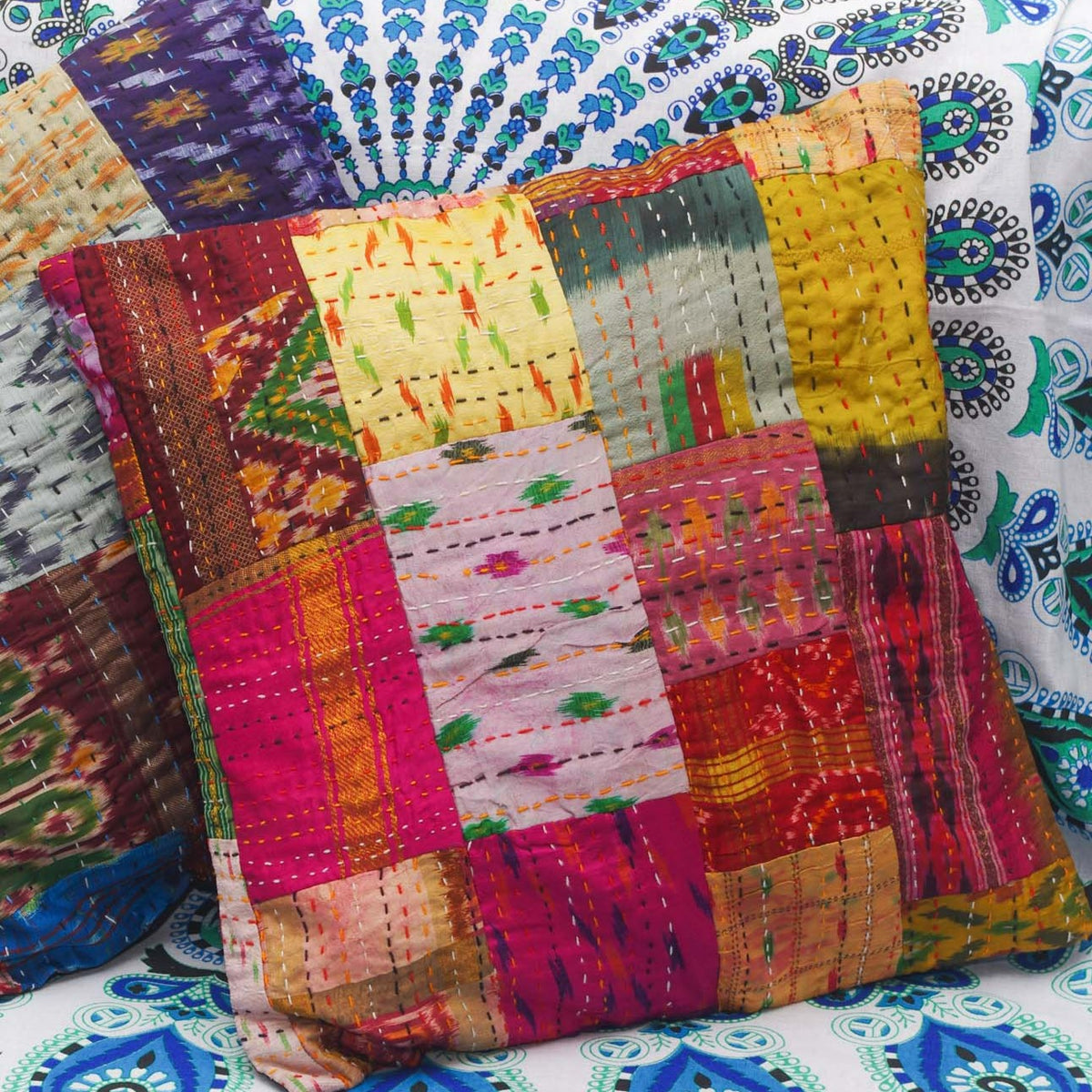 Silk Patola Patchwork Handmade Cushion Cover In Assorted Patches