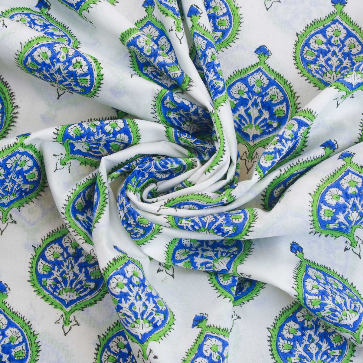 Indian Hand Block 100% Cotton Blue Green Motif Women Dress Fabric Design 109