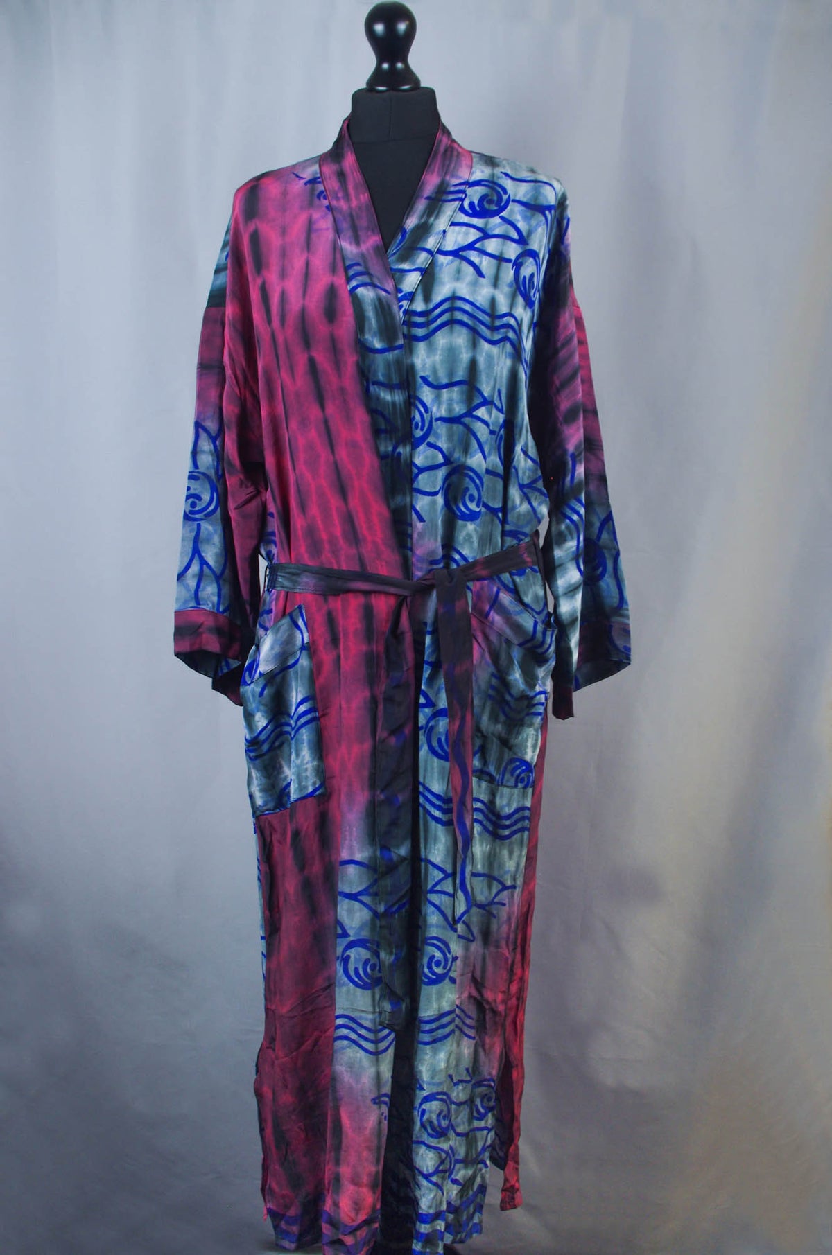 Silk Boho Kimono - Tie Dye Pattern Maroon Red & Grey Colour
