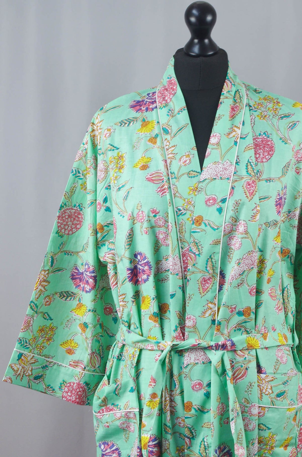Mint Wild Flowers Cotton Kimono Dressing Gown