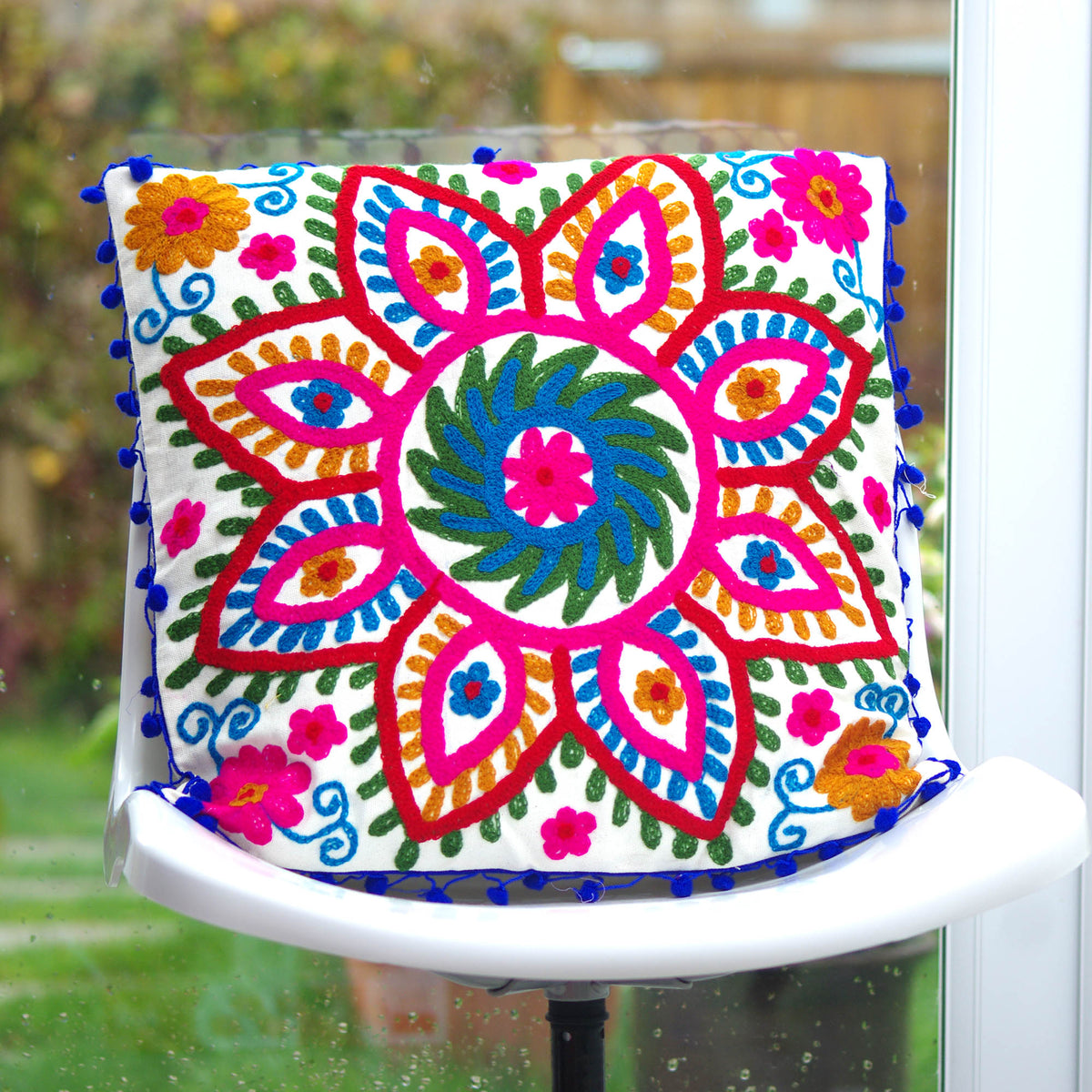 Decorative White Suzani Floral Print & Woolen Embroidered Cotton Cushion Cover With Pom Pom