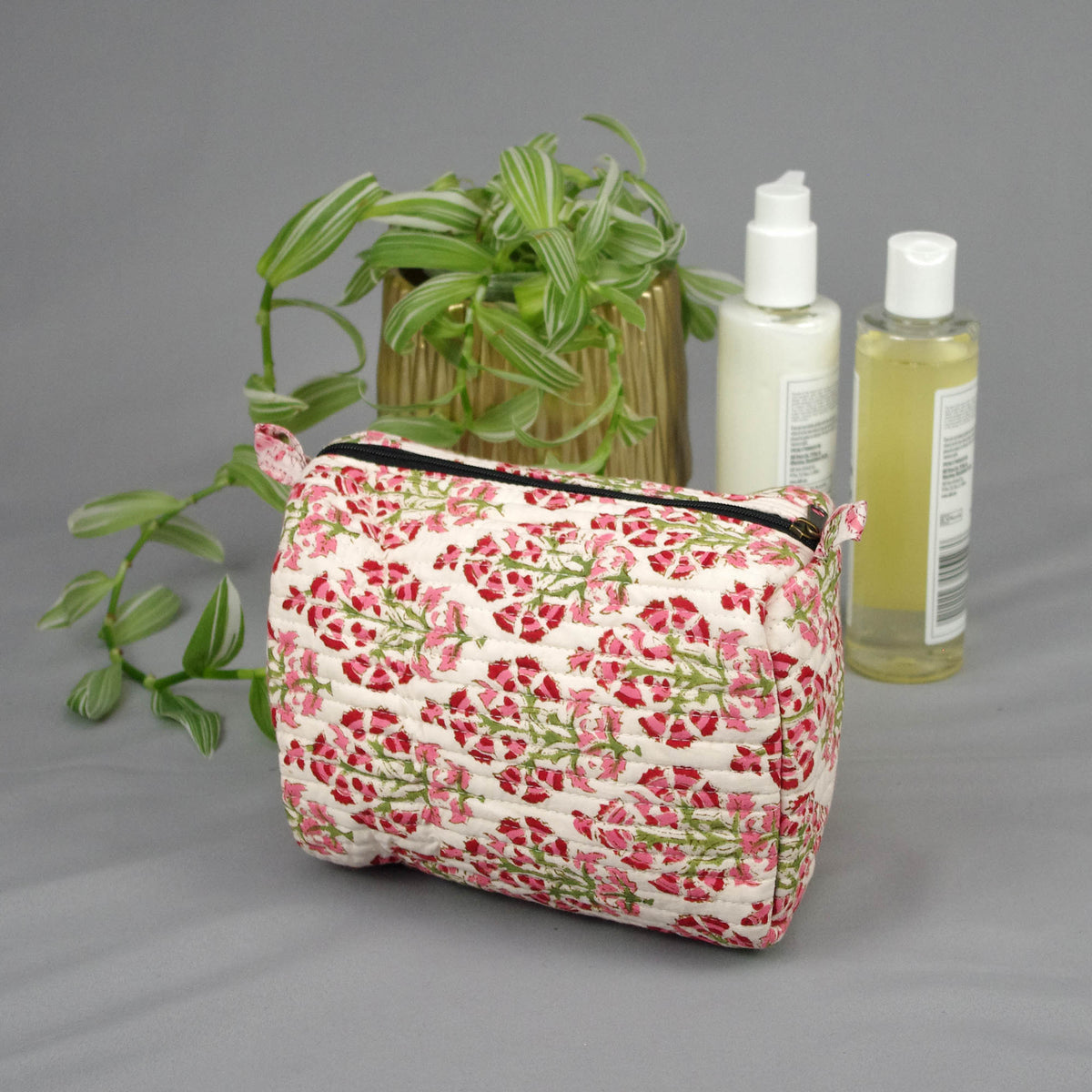 Block Print Quilted Toiletry Bag - Flower Bouquet