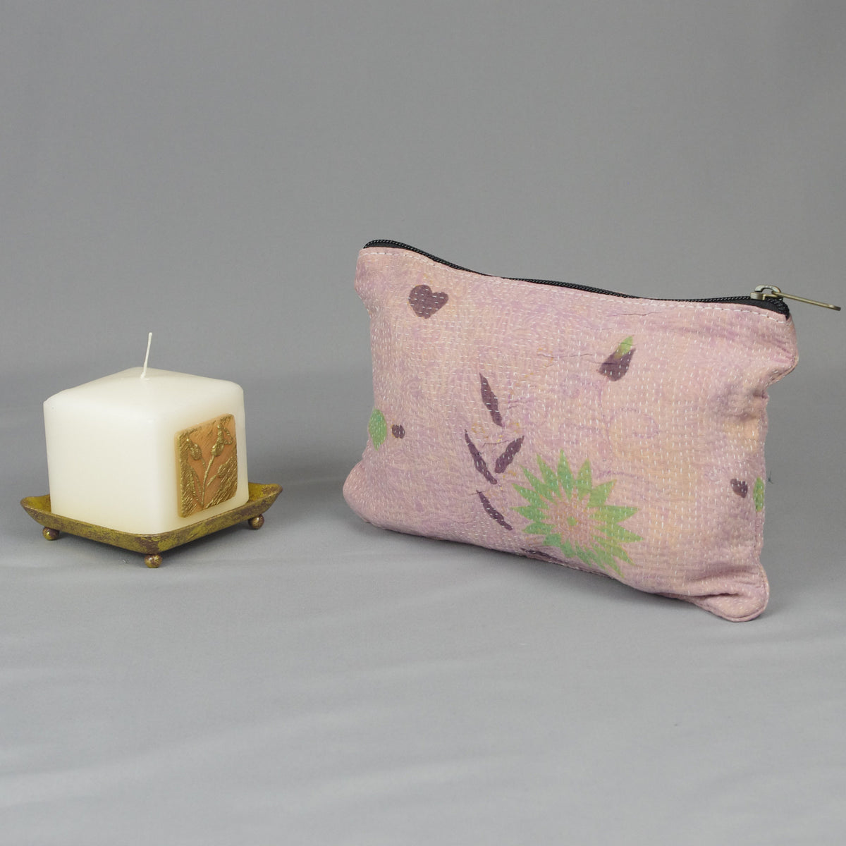 Vintage Kantha Pouch, Cosmetic Bag - Light Pink
