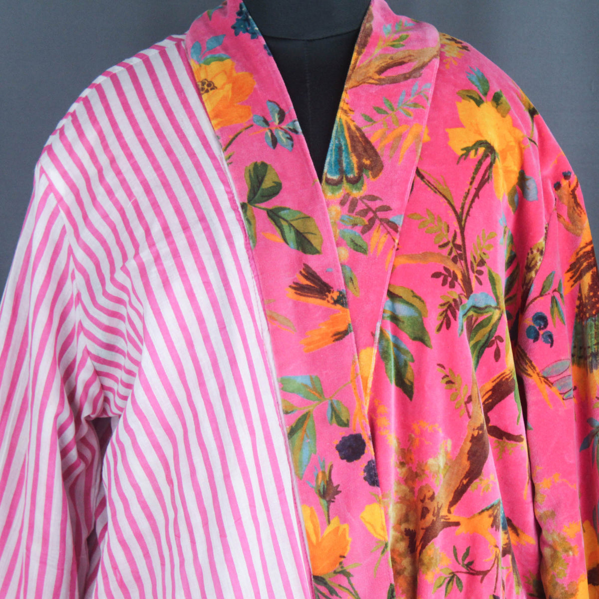 Luxury Pink Yellow Bird of Paradise Velvet Kimono Boho Robe With Lining.