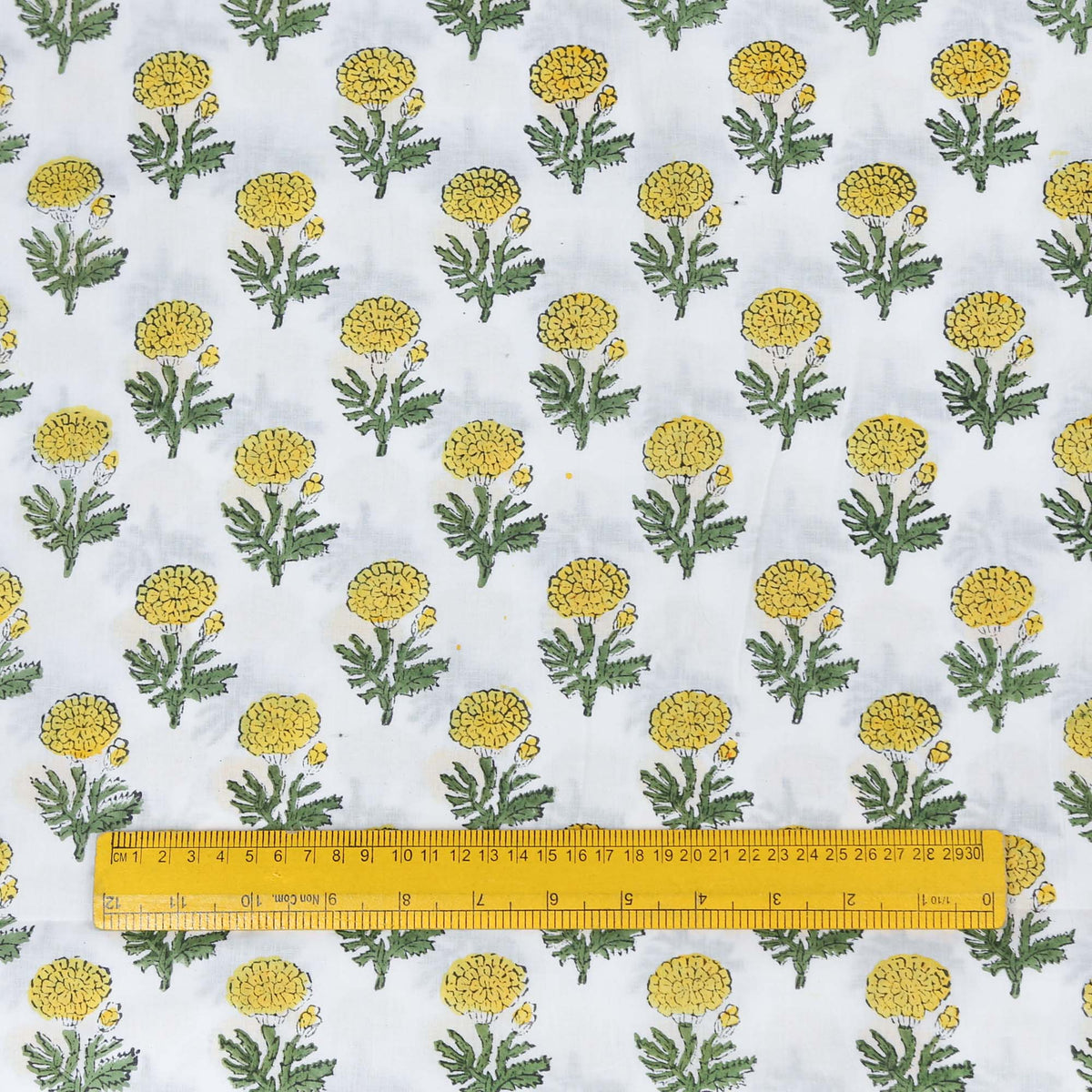 Indian Hand Block Print Yellow Marigold Flowers 100% Cotton Fabric Design 355