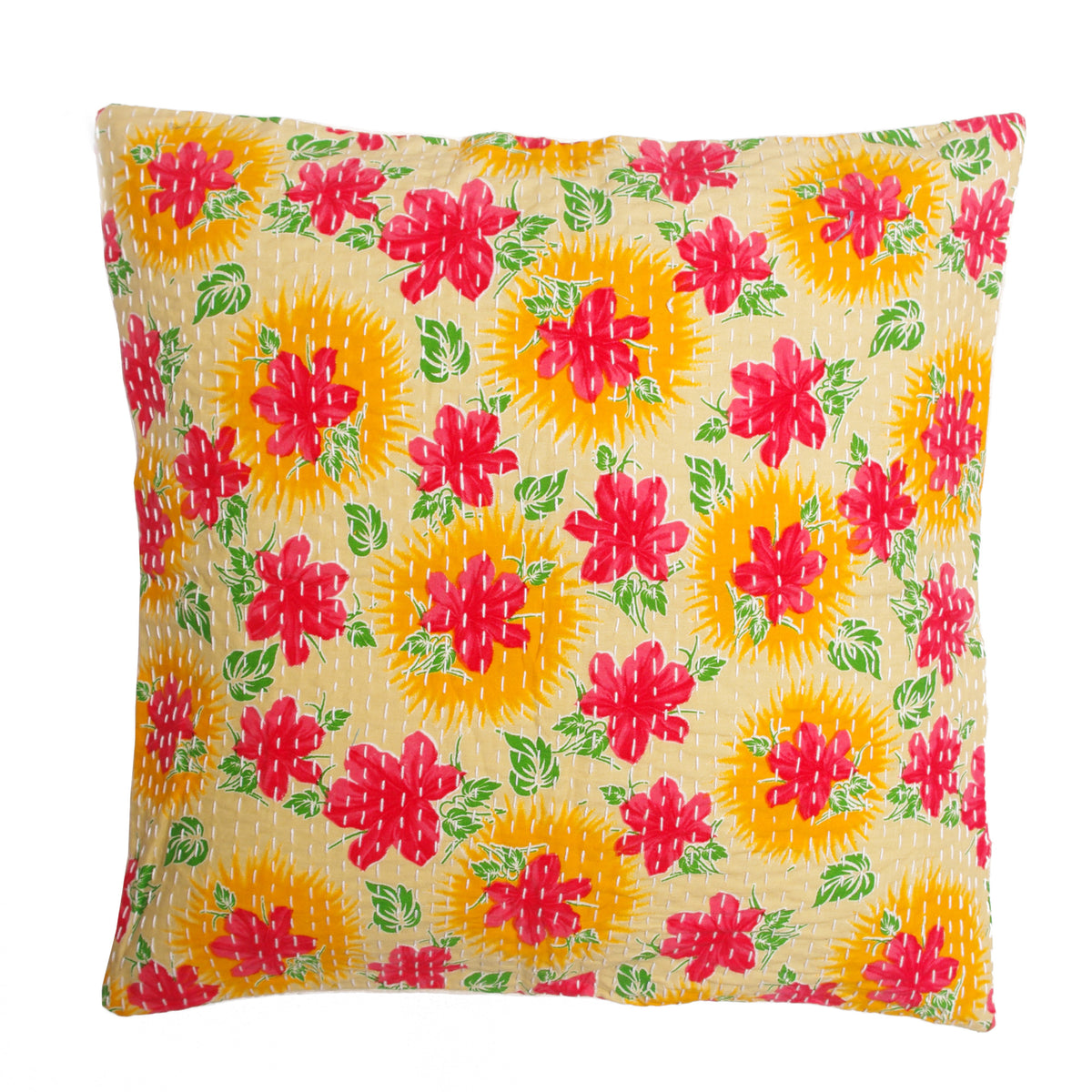 Red Yellow Floral Kantha Cushion Cover