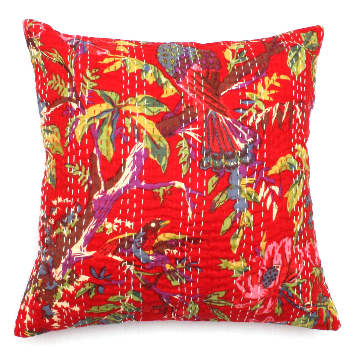 Tropical Red Bird Print Kantha Cushion Cover