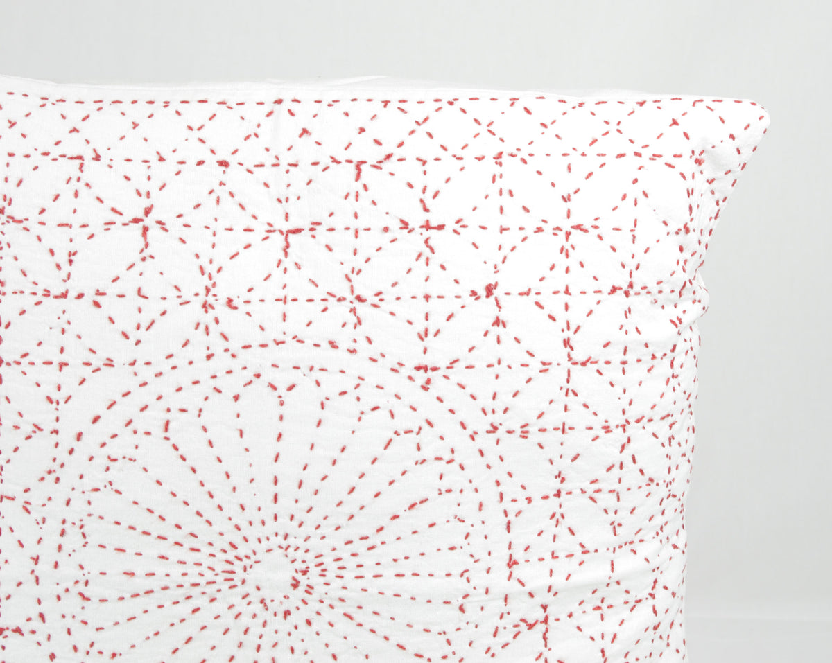 Nakshi Kantha Cushion Cover - White & Red