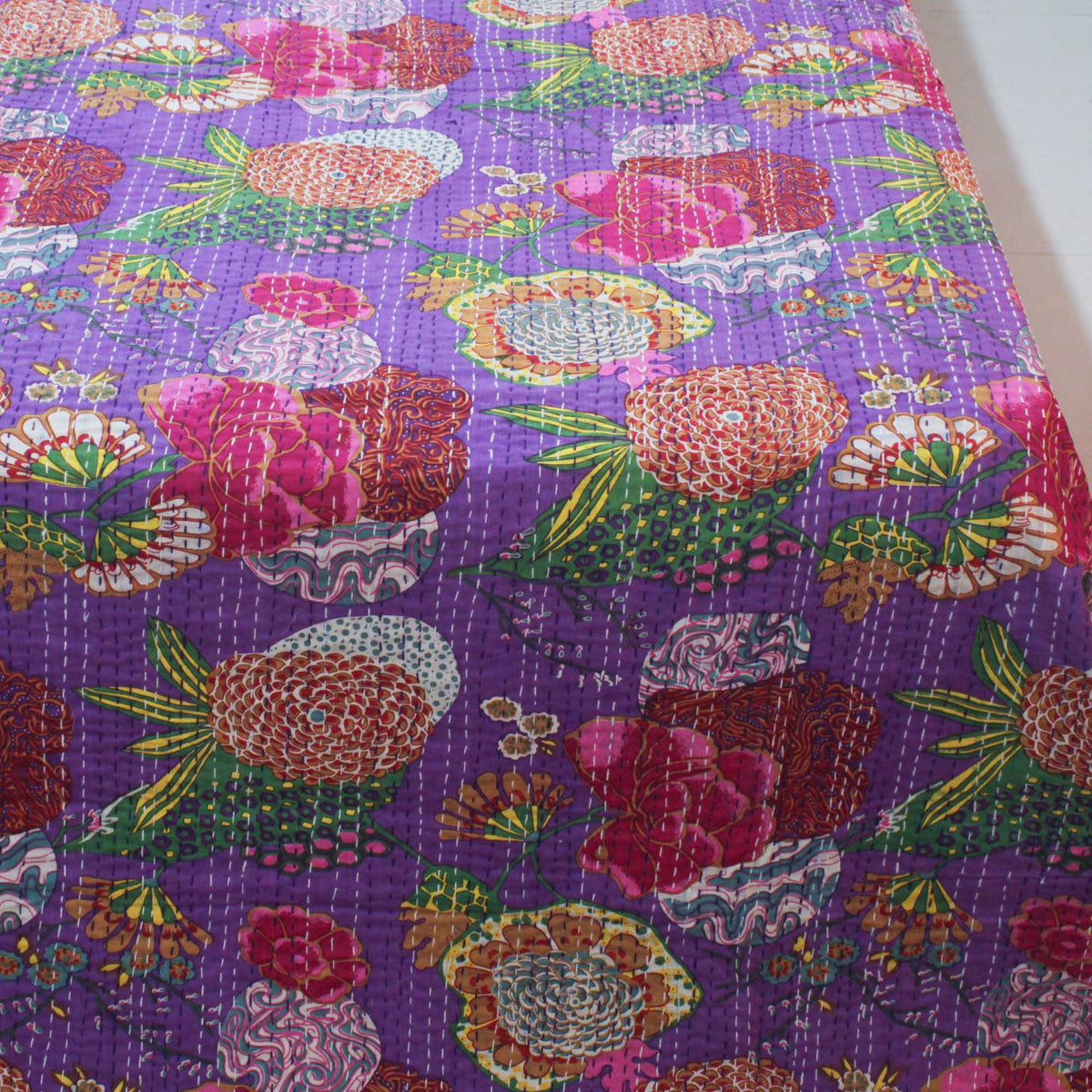 Fruit & Floral Print Purple Indian Kantha Quilt