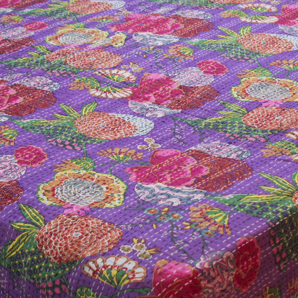 Fruit & Floral Print Purple Indian Kantha Quilt