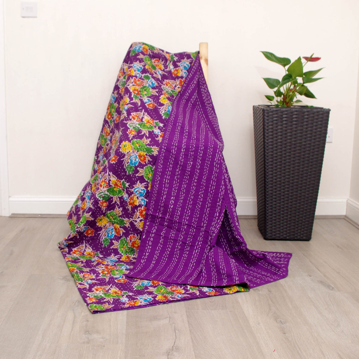 Purple Floral Print Indian Kantha Quilt Kantha Blanket Throw