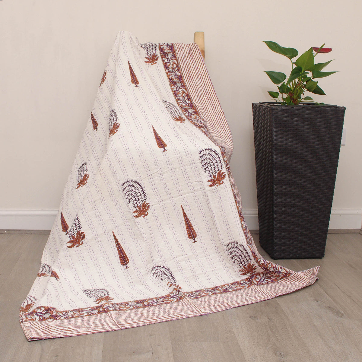 Block Printed With Brown & White Foliage Cypress Tree Cotton Queen Indian Kantha Quilt Bedspread