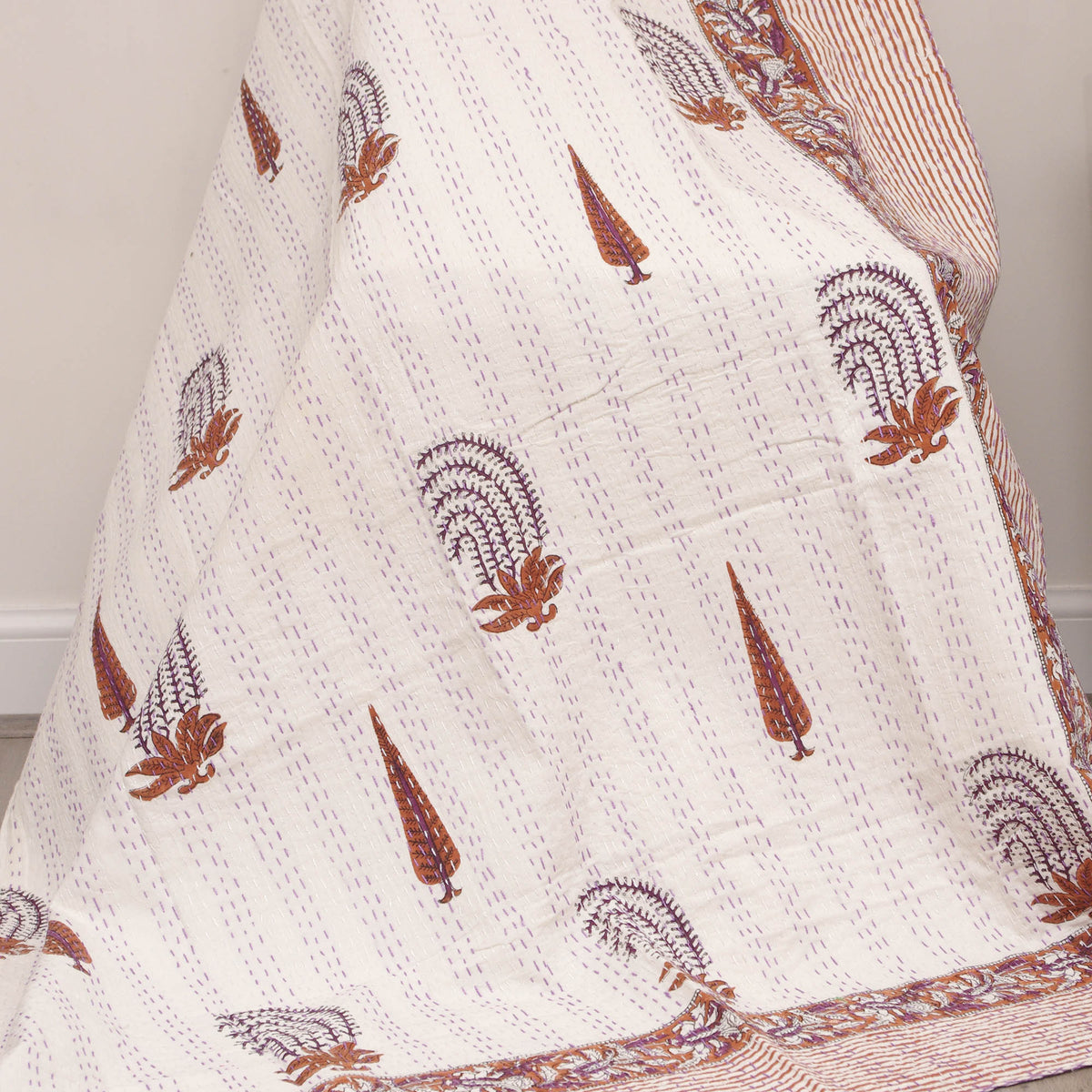Block Printed With Brown & White Foliage Cypress Tree Cotton Queen Indian Kantha Quilt Bedspread