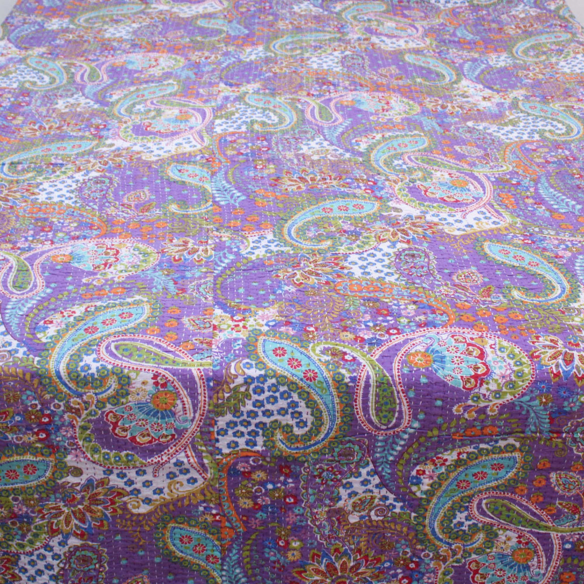 Lavender Paisley Print Indian Kantha Quilt