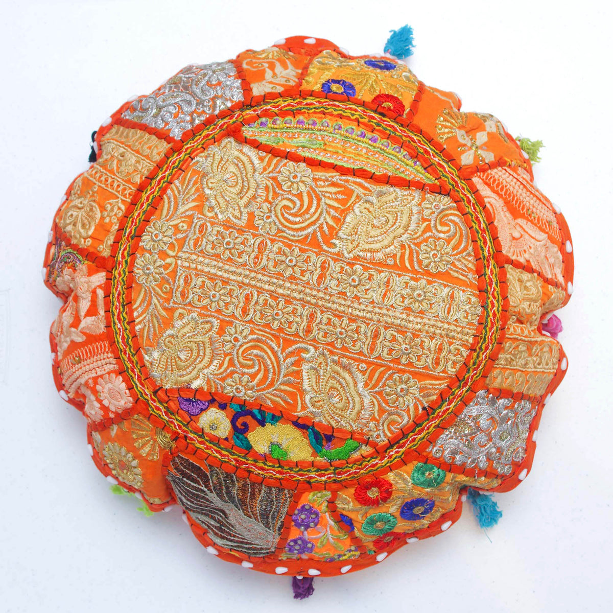 Round Floor Embroidered Patchwork Pouf Ottoman Indian Vintage Cushion Cover 18''