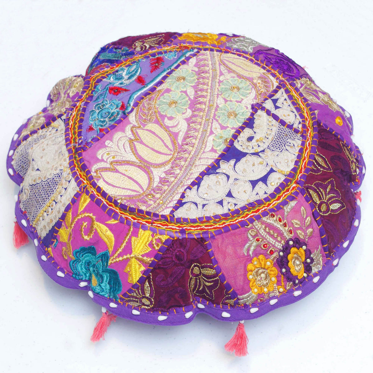 Round Floor Embroidered Patchwork Pouf Ottoman Indian Vintage Cushion Cover 18''