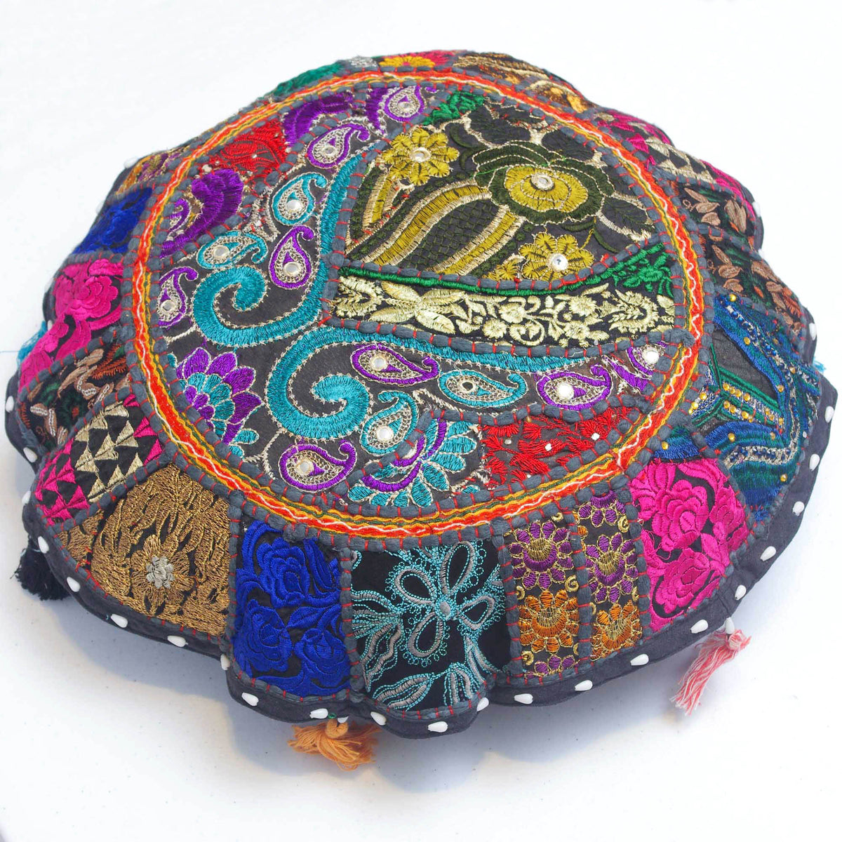 Round Floor Embroidered Patchwork Pouf Ottoman Indian Vintage Cushion Cover
