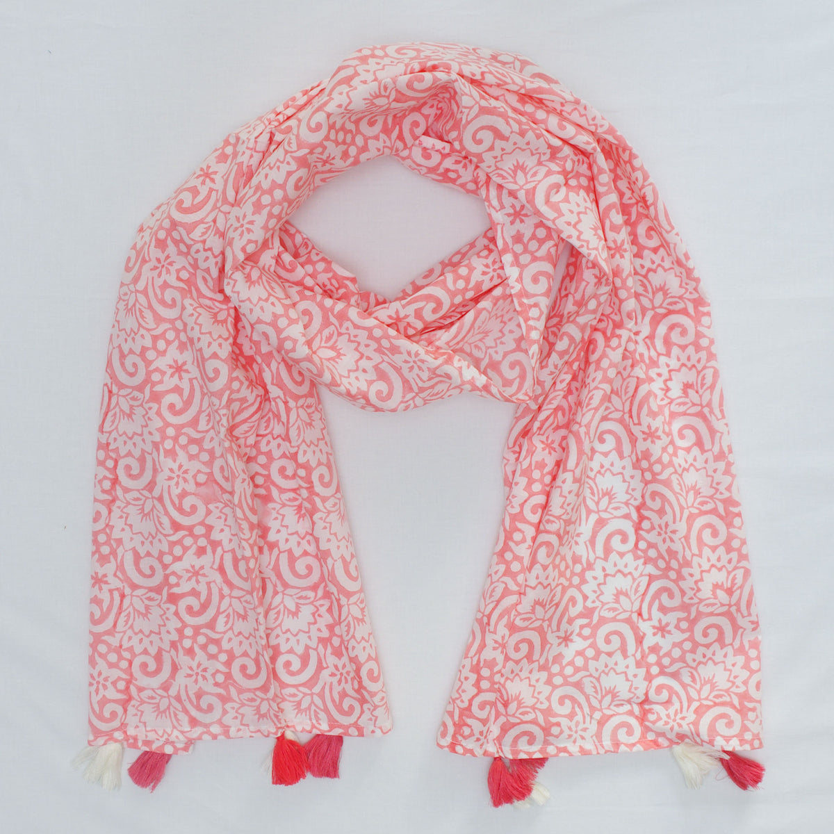 Cotton Scarf In Ruddy Pink Floral With Tussle