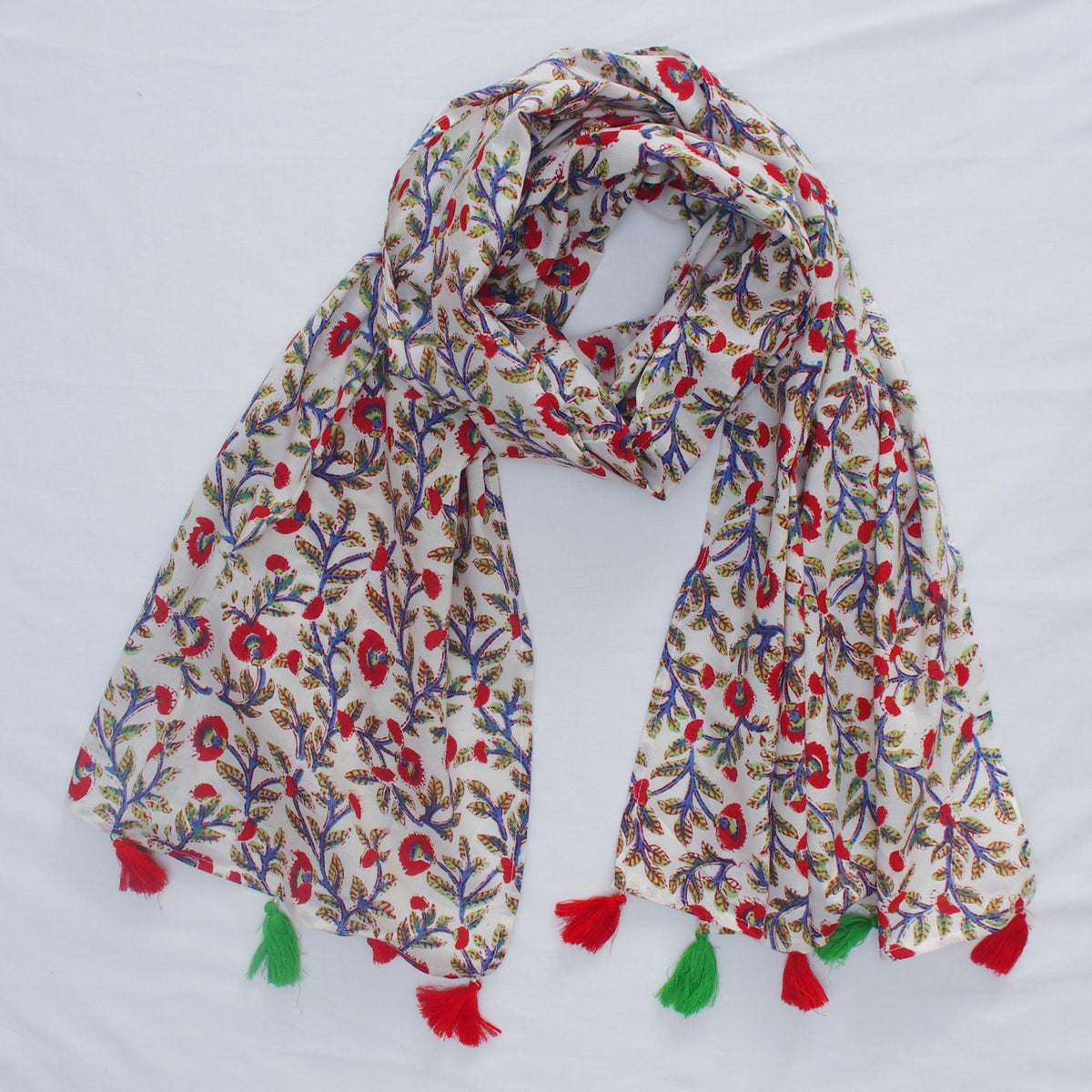 Cotton Scarf In Red Floral With Tussle