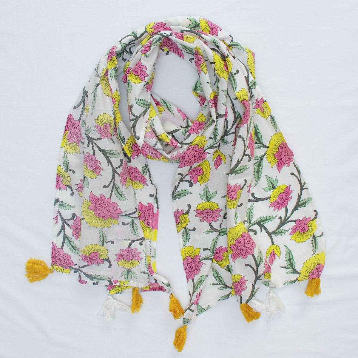Cotton Scarf In Pearl White Pink Yellow With Tussle