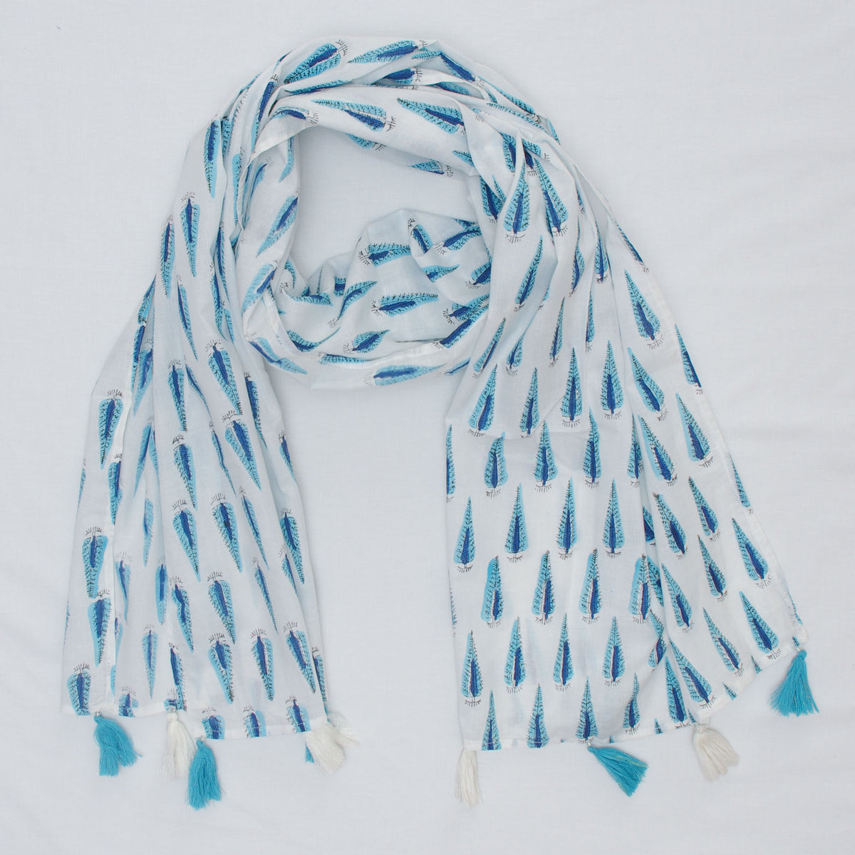 Cotton Scarf In White Eastern Blue Leaf With Tussle