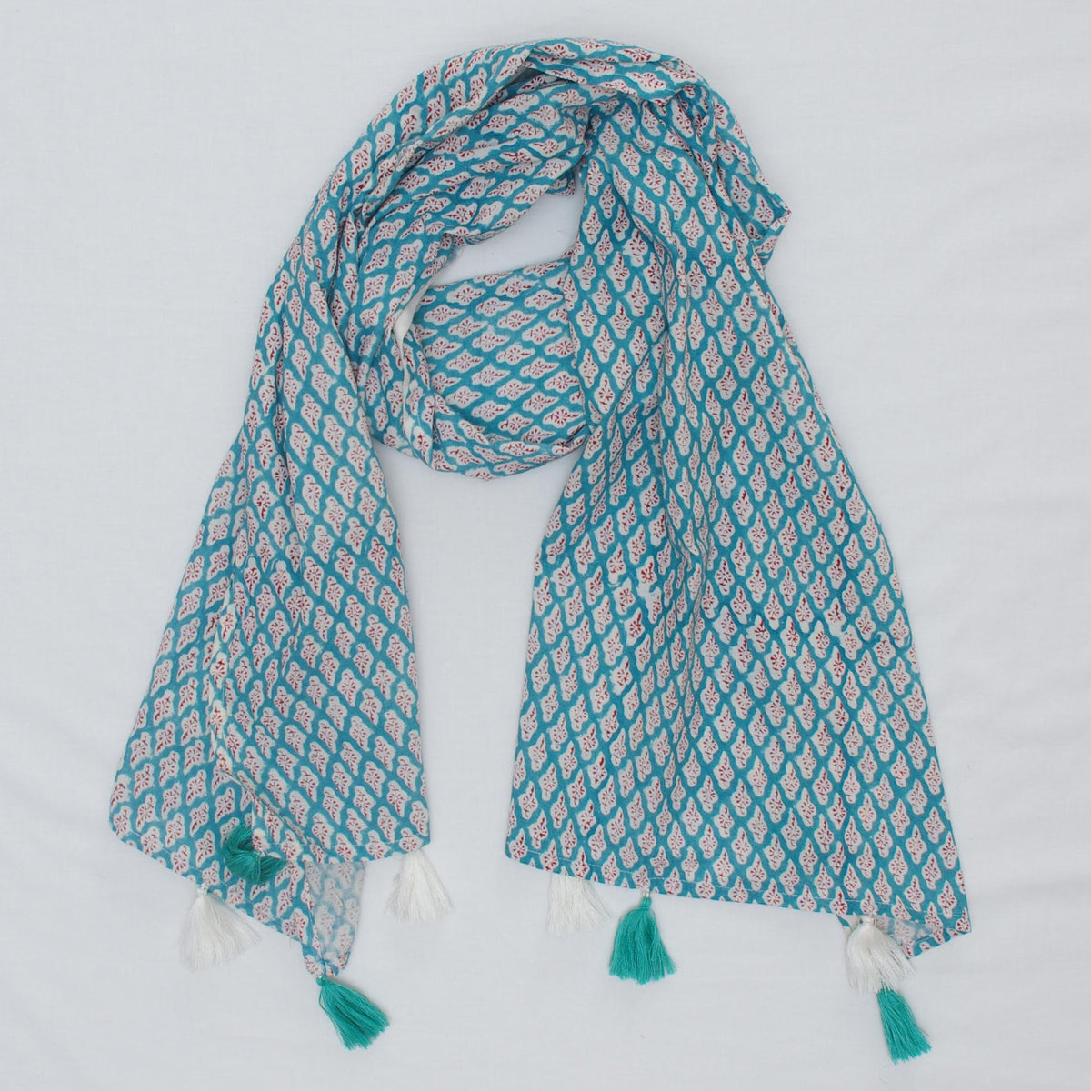 Cotton Scarf In Red Motif On Teal Green With Tussle