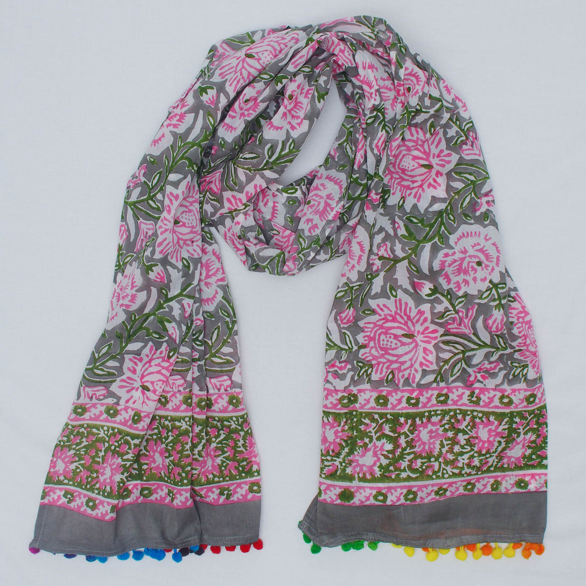 Cotton Scarf In Grey Pink Floral With Pompom