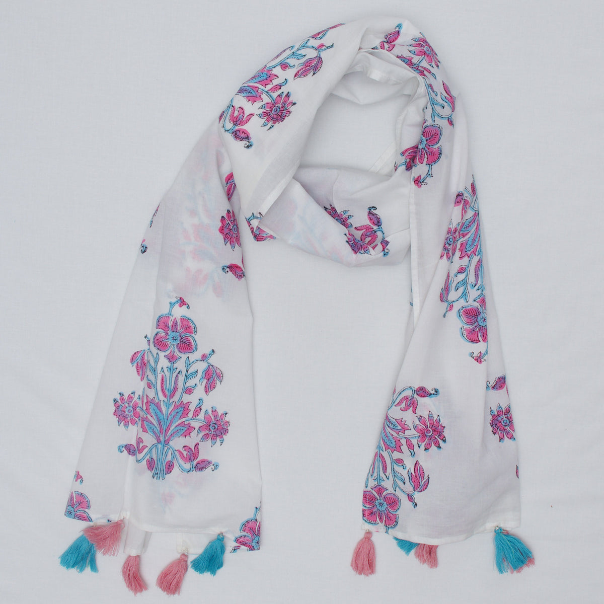 Cotton Scarf In White Pink Floral With Tussle