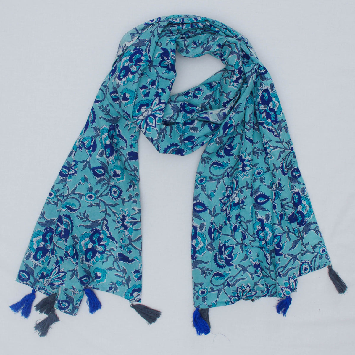 Cotton Scarf In Blue Floral With Tussle